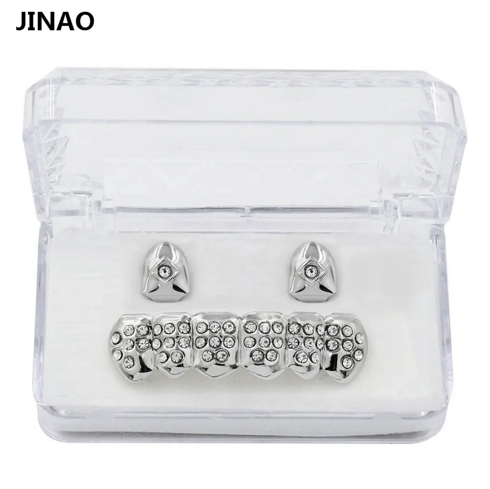 JINAO Men&Women Hip Hop Gold Color Plated Mouth Grillz Set CZ Rhinestone 2pcs Single Top & 6 teeth Bottom set gold grills