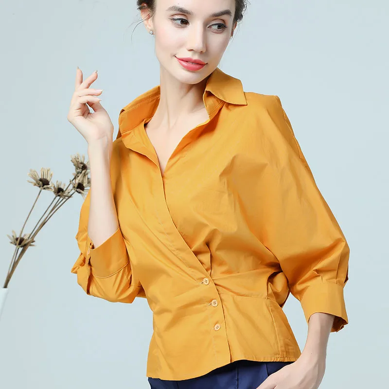 Yellow Blouse Women Cotton Seven Sleeve Turn-down Collar Top Triple Buttons Cardigan Elegant Loose FD04258824 Office Blouse