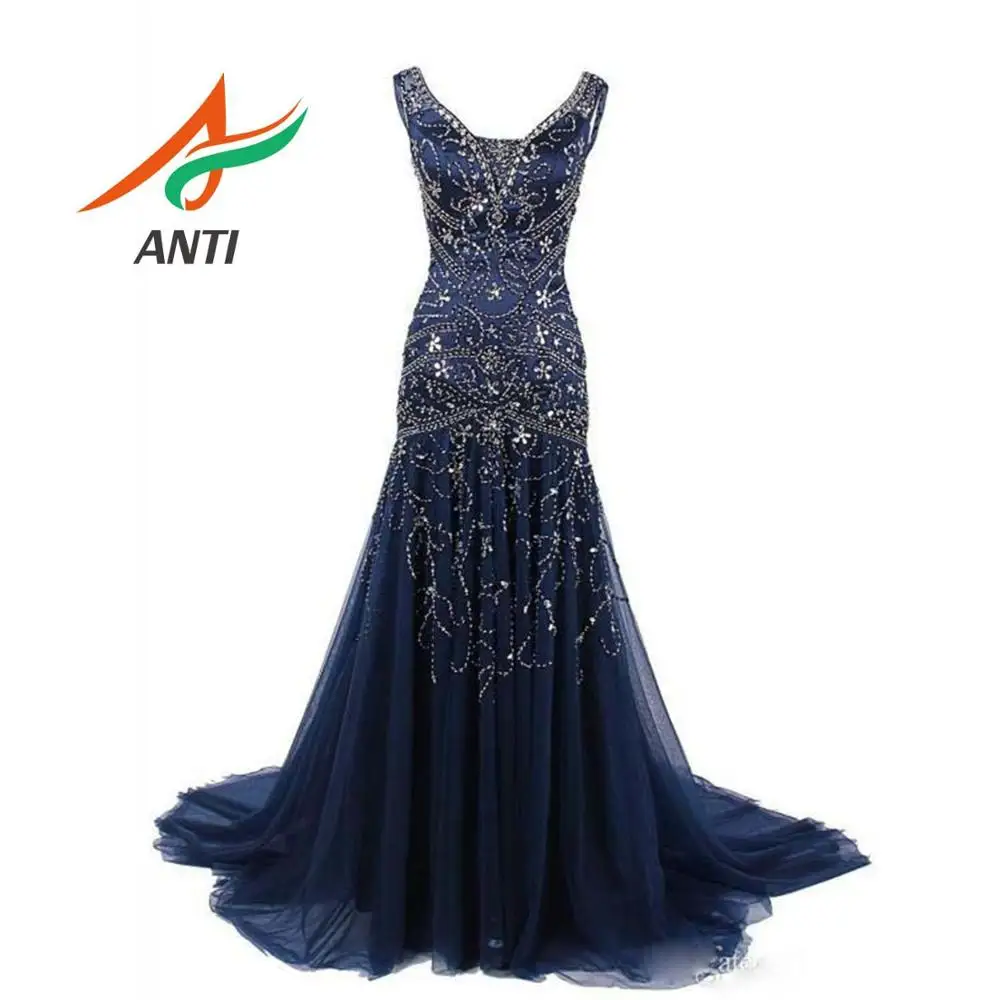 ANTI Arabian Mermaid Long Evening Dress 2019 Dark Blue Crystal Beading Sleeveless Lace up Formal Party Gowns Sexy robe de soiree