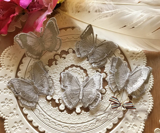 

4.8*4CM/5.5*6.7CM wide 20pcs purple 3D organza butterfly embroidery lace appliques patches L14M158