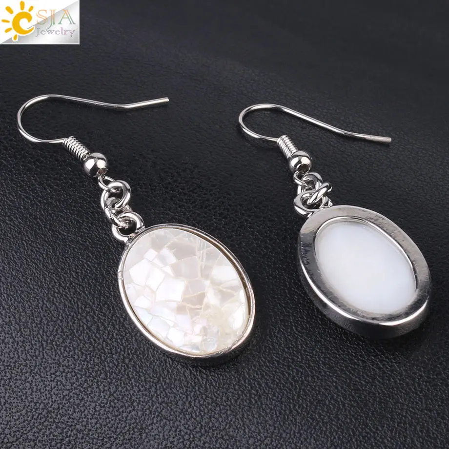 CSJA Natural Seashell Earrings Pink White Abalone Shell Egg Shape Dangle Drop Earring for Women Casual Beach Summer Jewelry F981 image 2