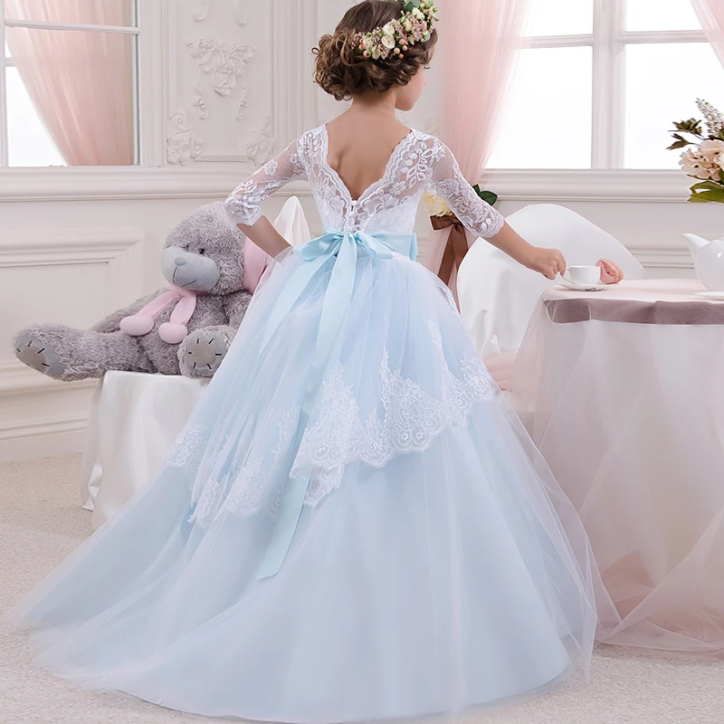 3/4 Long Sleeves Lace Lovely Girls Pageant Gown Child Birthday Party Evening Dress Jewel Bow Light Sky Blue Kid Long Formal Gown