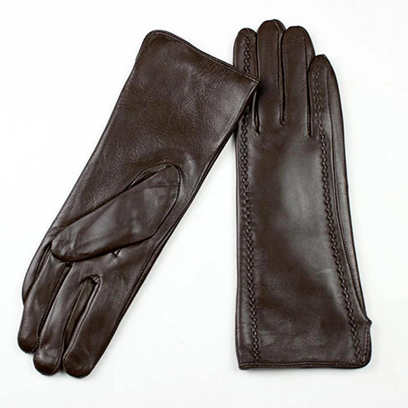 Guantes de piel de oveja para mujer, longitud media, estilo a rayas, forro de terciopelo, cálidos para otoño e invierno, guantes de dedo de cuero