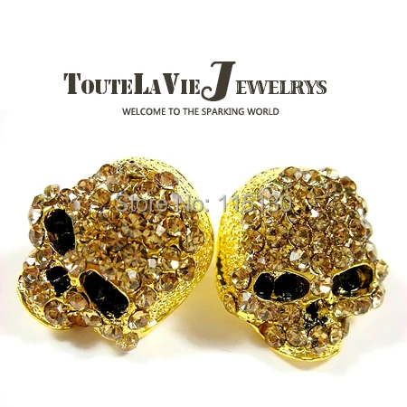 FishSheep Rock Punk Skull Crystal Stud Earrings For Women Gold Color Earrings With Stone Brincos Femme Fashion Skull Jewelry