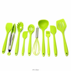 10Pcs/Set Green Heat Resitant Non-stick Silicone Kitchen Utensils Set Cooking Bake Tool Spatula, Spoon, Brush, Wisk, Tong