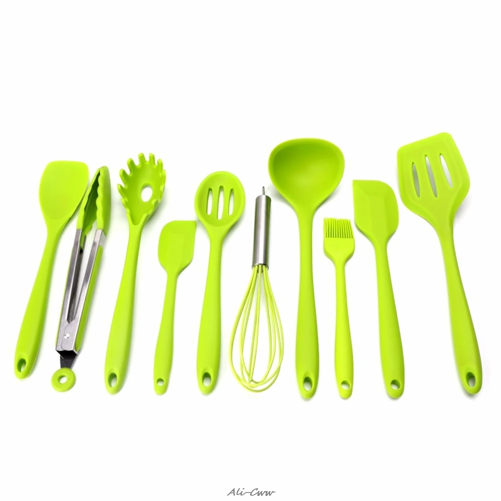 10Pcs/Set Green Heat Resitant Non-stick Silicone Kitchen Utensils Set Cooking Bake Tool Spatula, Spoon, Brush, Wisk, Tong