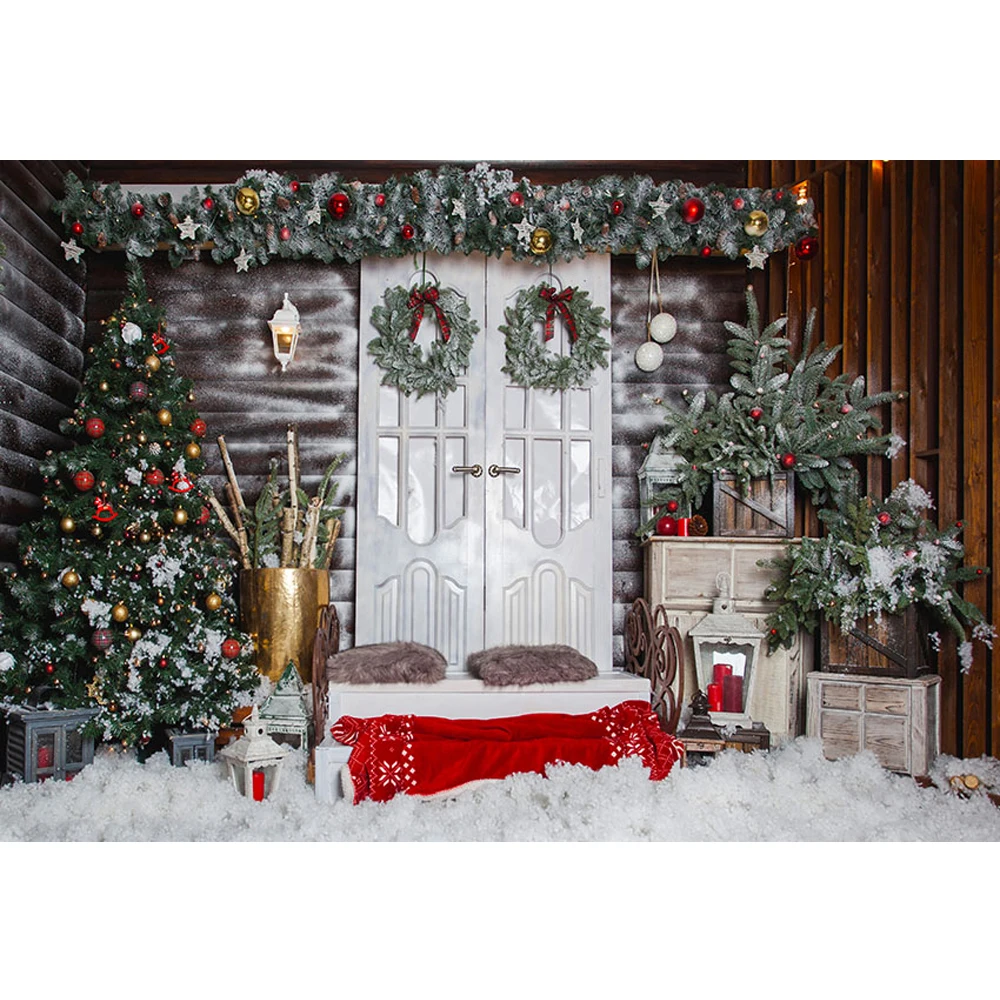 

Merry Xmas Photo Background Printed White Door Garlands Red Gold Balls Baby Kids Winter Snow Backdrop Christmas Decorations 2024