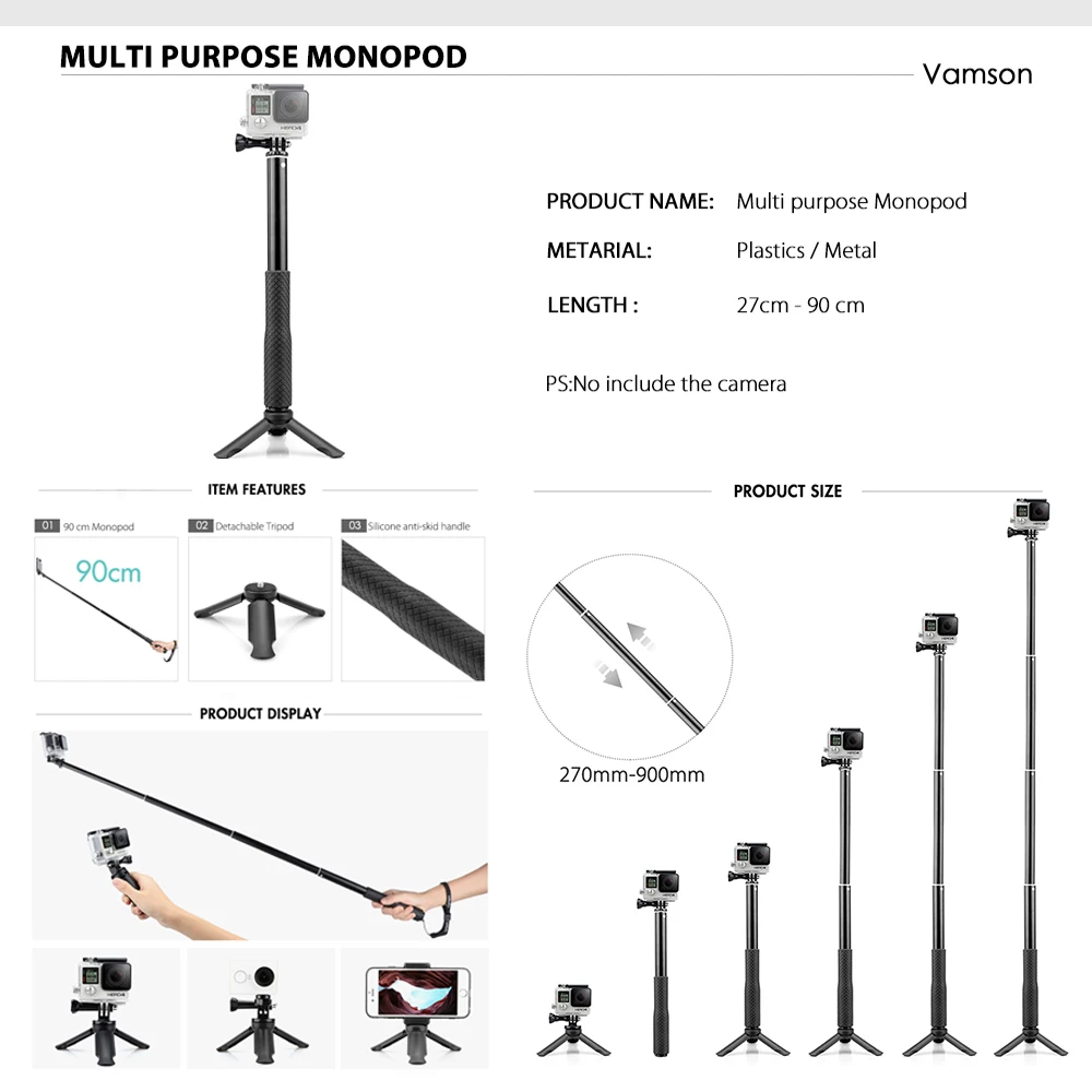 Vamson for Gopro hero 7 6 5 4 3 Monopod Tripod Chest Strap Belt J-Hook Buckle Wrench For SJCAM for SJ4000 for Xiaomi for Yi VS58