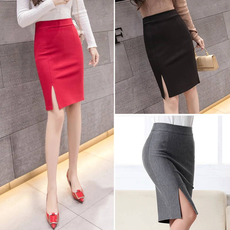 2024 New Fashion Women Office Formal Pencil Skirt Spring Autumn Elegant Slim Front Slit Midi Skirt Black/Gray/Red OL Skirts