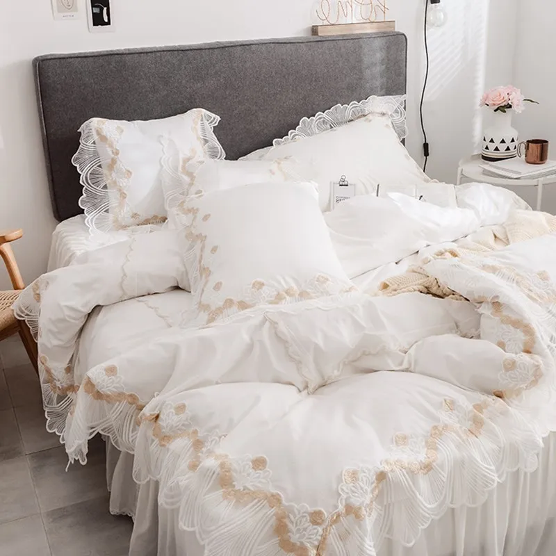 100% Cotton White Lace Bedding Set Korean Style Princess Wedding Solid Color Duvet Cover Bedspread Bed Skirt Linen Pillowcase