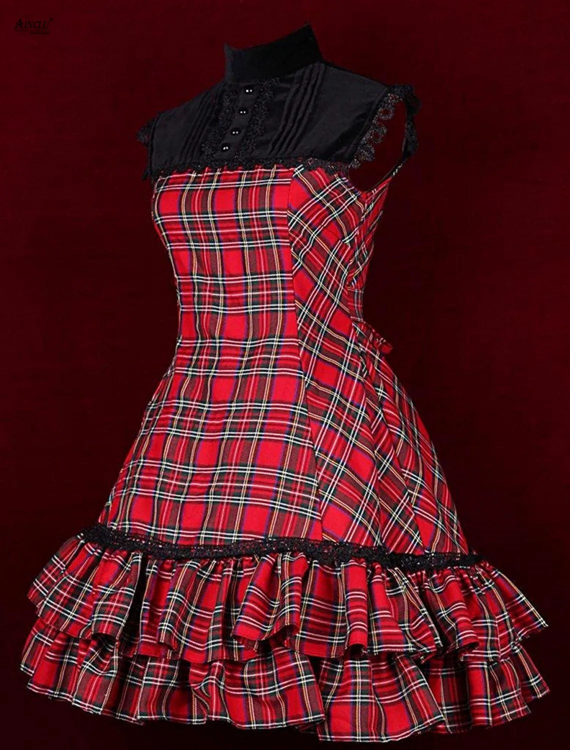 Middle-Long Dress Womens Red Plaid Pattern Cotton Sleeveless Stand Collar Classic A-line Lolita Dress For Casual/Party/Halloween