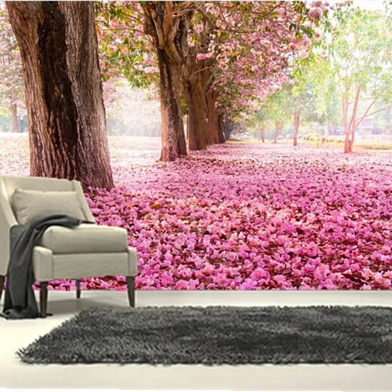 

The custom 3D murals,3d beautiful scenery pink flower covered path , the living room sofa TV wall bedroom background wall paper