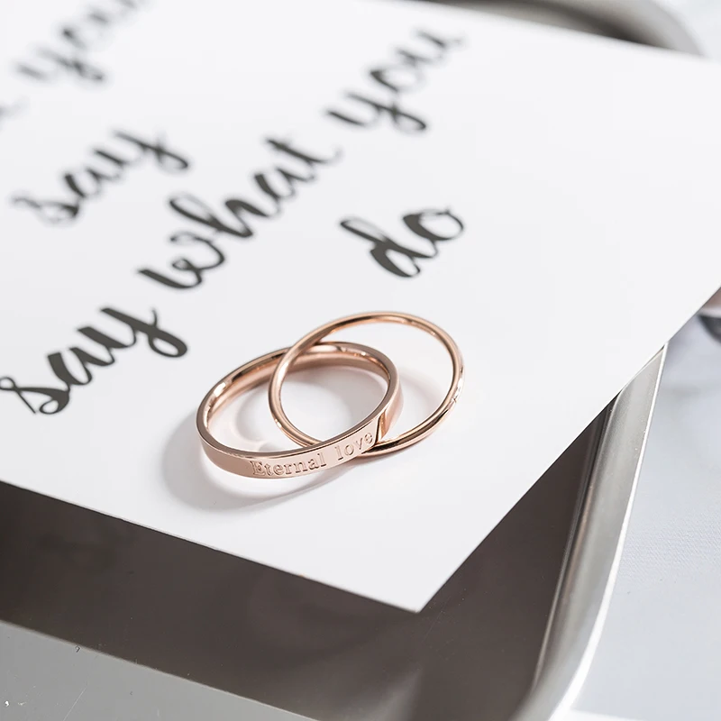 YUN RUO Letters Double Circle Ring Rose Gold Color Fashion Titanium Steel Jewelry Wedding Gift Woman Never Fade High Quality
