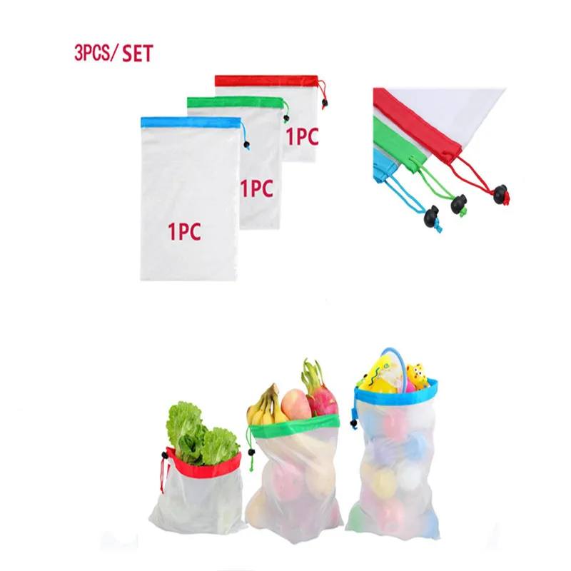 

3pcs/set Reusable Polyester Mesh Produce Bag Fruit and Vegetable Shopping Organize Bag Washable Durable Grocery Tote Bag