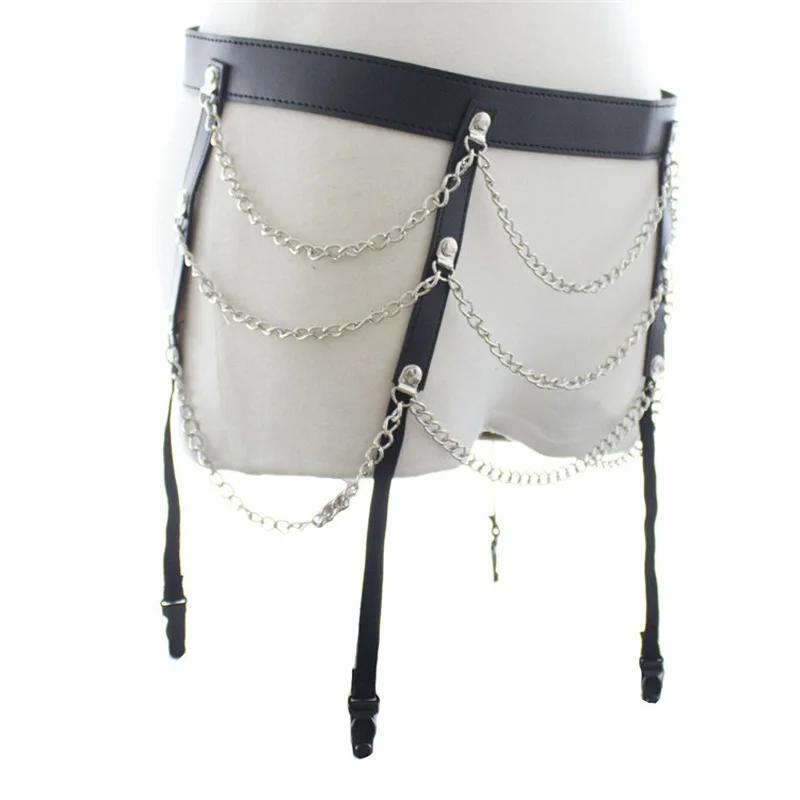 Ladies Sexy Faux Leather Punk Metal Chain Tassel Waist Around Garter Belt For Women Girdle Clothes Accessory