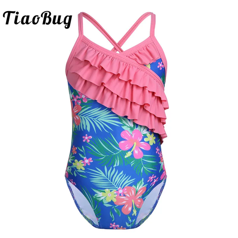 

TiaoBug Children Girls One-piece Spaghetti Straps Floral Ruffle Swimsuit Swimwear Bodysuit Kids Quick Dry Bathing Suit Beachwear