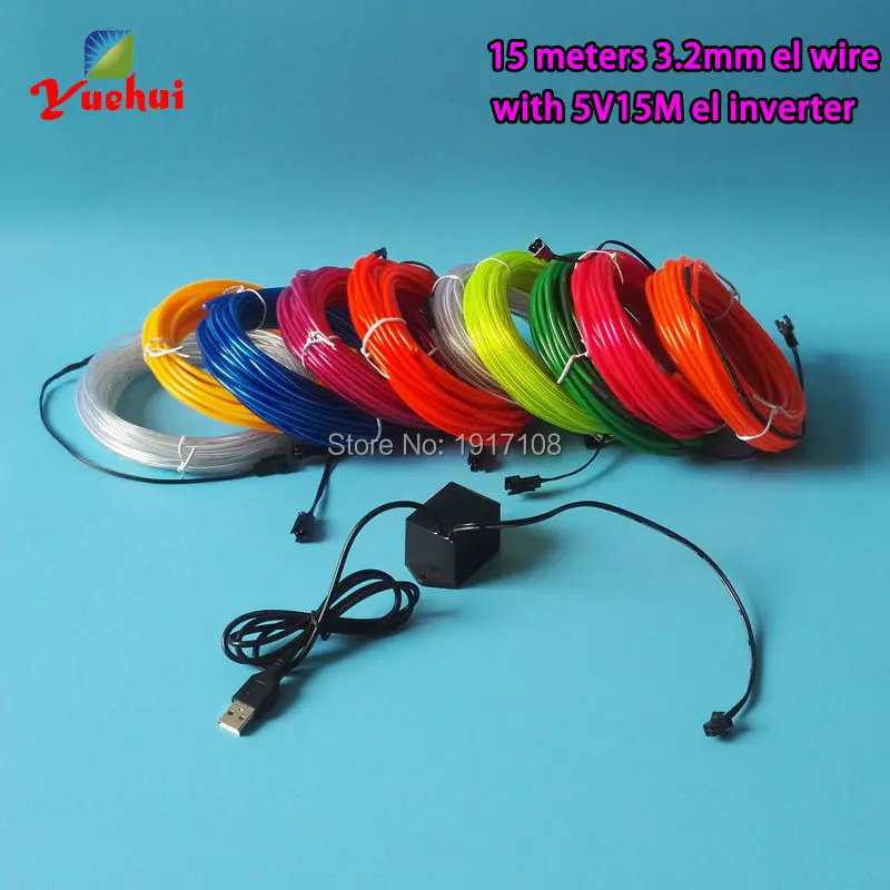 

Hot sales 15Meter 3.2mm 10 Colors Select EL wire glowing cut into any length Neon cold light Powered by DC5V USB wedding favors