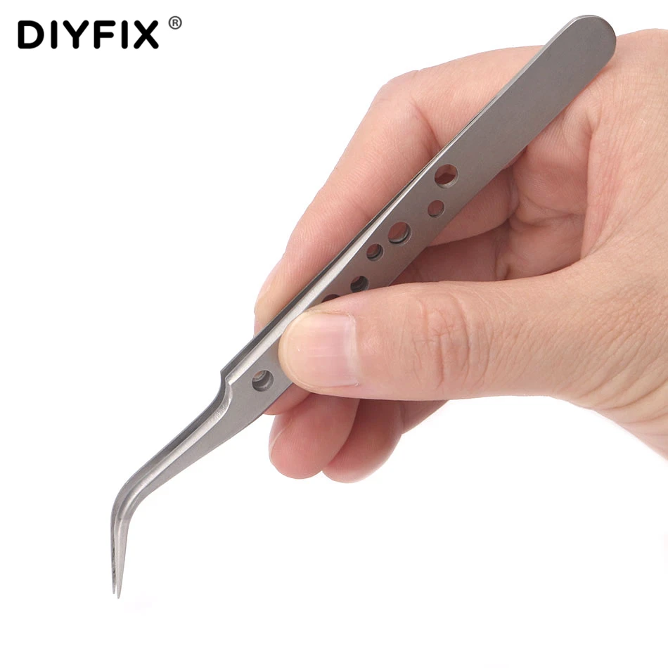 DIYFIX 2Pcs Electronic Tweezers Set Stainless Steel Precision Straight Curved Tweezers for Mobile Phone Repair Tools Kit