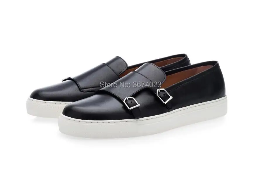 Qianruiti Fashion Men Double Monk Sneakers Rubber Thick Flats Metal Buckles Embellished Causal Shoes Slip on Loafers