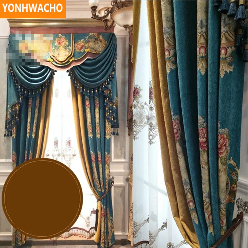 

Custom curtains American country retro high-grade chenille thick shading fabric cloth blackout curtain tulle valance drapes N848