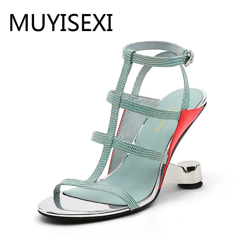 Gladiator Sandals 8cm Strange Heel Woman Straps Narrow Band Steel Metal High Heels Summer Shoes HL154 MUYISEXI