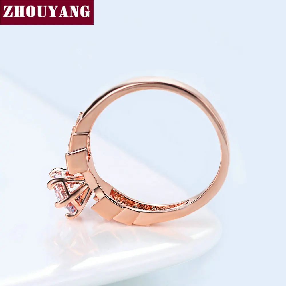 ZHOUYANG Wedding Ring For Women Rose Gold Color Six Claw Cubic Zirconia Round Cut Engagement Party Gift Fashion Jewelry R680