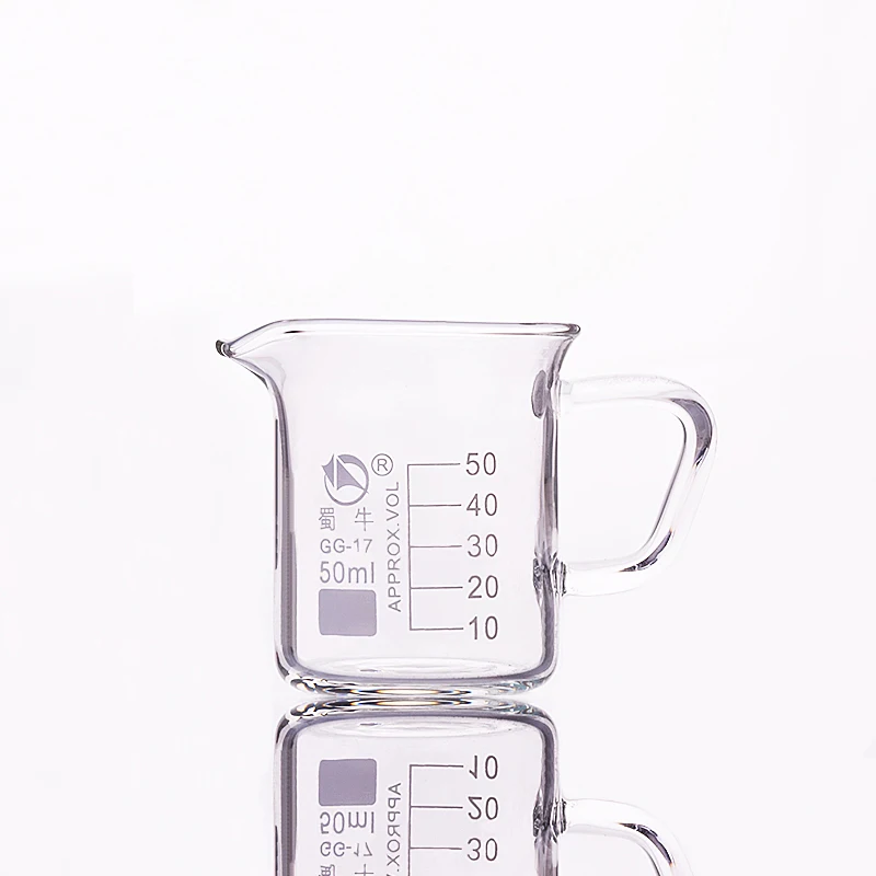 

With handle beaker in low form,Capacity 50ml,Outer diameter=47mm,Height=58mm,Laboratory beaker with handle