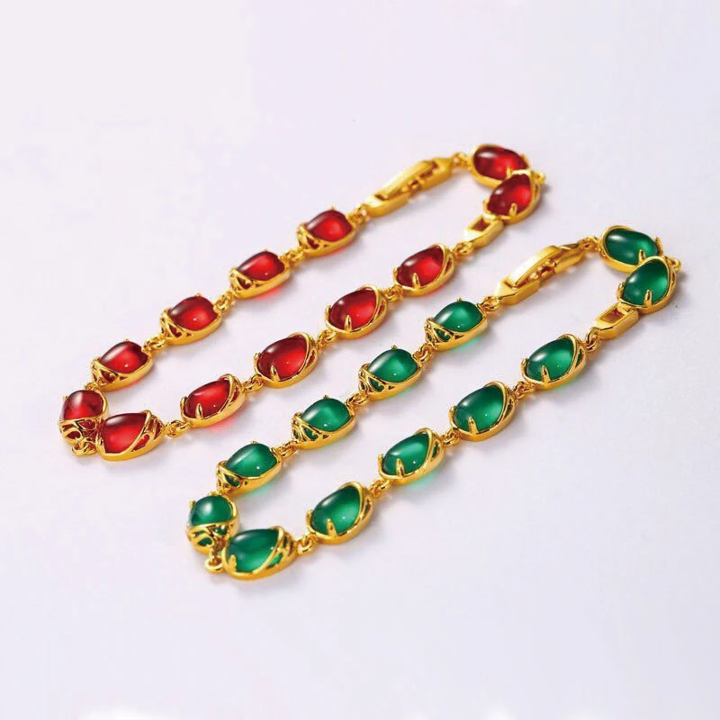 MxGxFam ( 18 cm + 3 cm ) Blood-Red / Green Water Stone Bracelet For Women Original Designs Fashion Jewelry 24 k Pure Gold Color