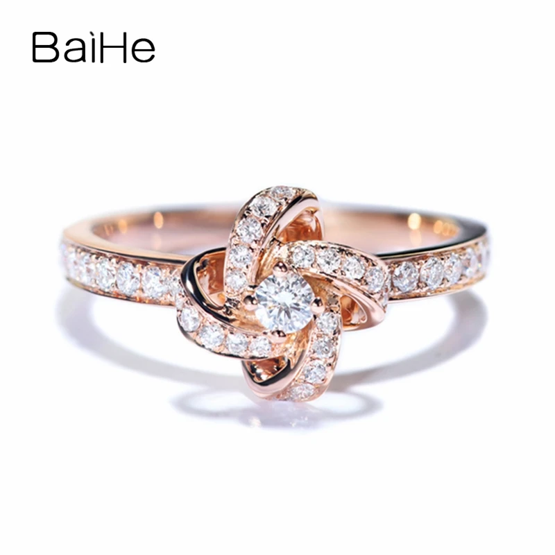 BAIHE Solid 14K Rose Gold 0.45ct H/SI Natural Diamond Windmill Ring Women Wedding Trendy Fine Jewelry Anillo molino viento