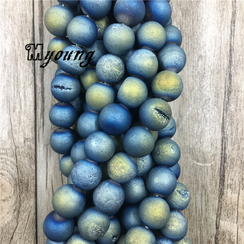 5Strands Matte Blue Titanium Plated Agates Druzy Geode Beads For Jewelry Making MY1620