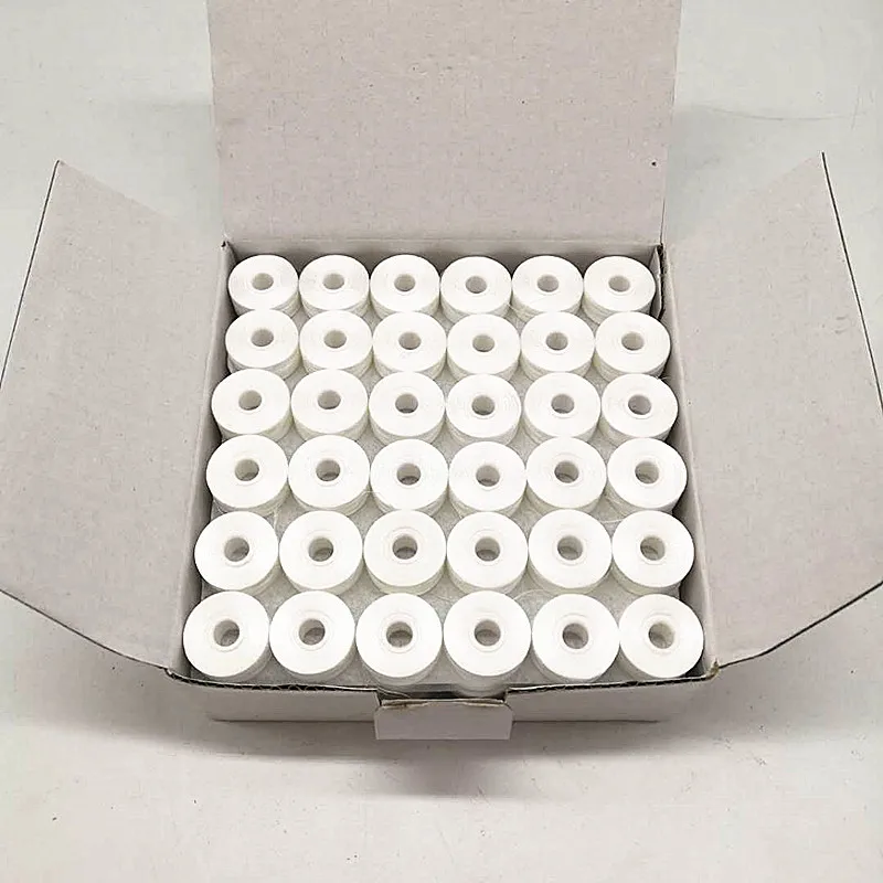 

Hot Sale 144pcs/box bobbin thread Size L White/ Black 75D/2 Sideless 100% polyester prewound bobbins