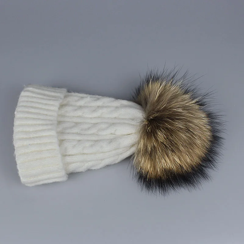 Real Fur Winter Hat Raccoon Two Pom Pom Hat For Women Brand Thick Women Hat Girls Caps Knitted Beanies Cap Wholesale 2018 New