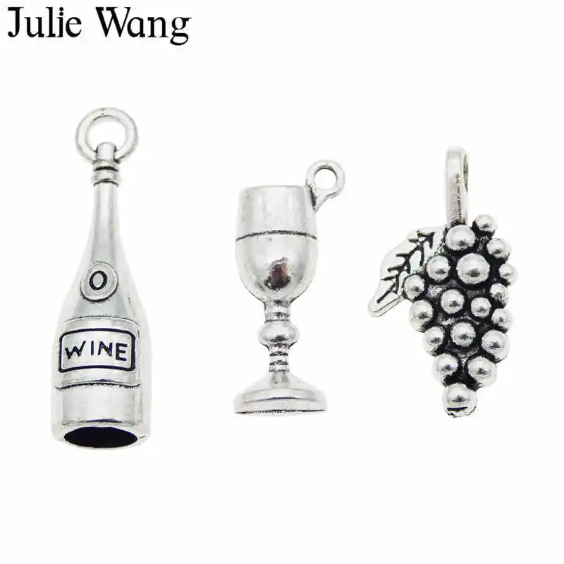 Julie Wang 12PCS Wine Bottle Goblet Grape Set Charms Antique Color Alloy Earrings Bracelet Jewelry Making Pendant Accessory