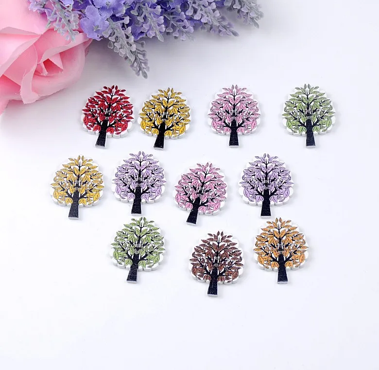 Free shipping -2015 New 100pcs Random Mixed 2 Holes Cartoon Tree Pattern Wood Sewing Buttons Scrapbooking 23x30mm J1443