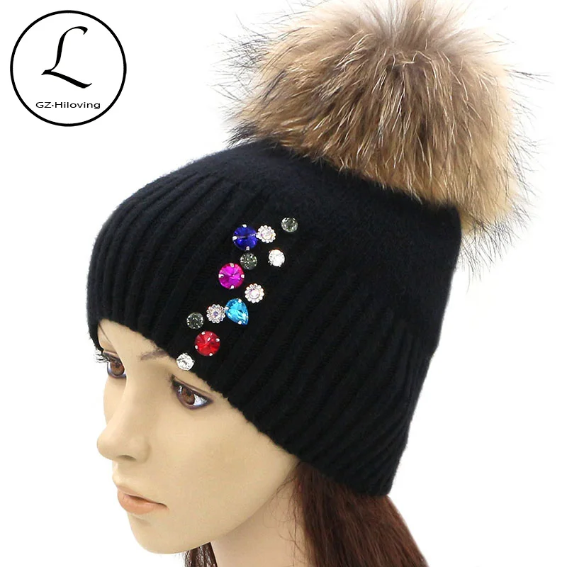 

GZHILOVINGL Color Rhinestone Wool Winter Knitted Hat For Women Girl Beanies Skullies European Style Cap Gorros Fur Pom Pom Hat