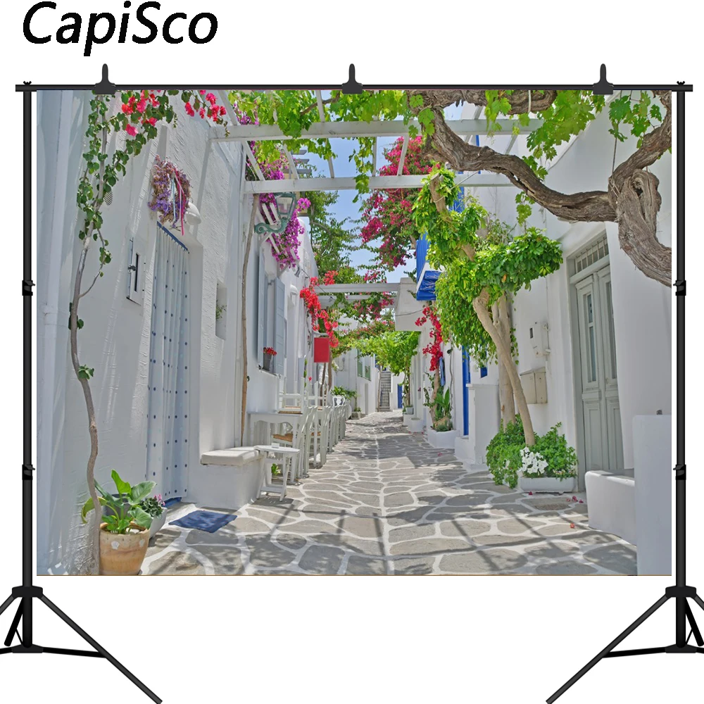 Capisco White House Town Street Potted Flower Photographic Backgrounds Customized Photography Backdrops For Photo Studio