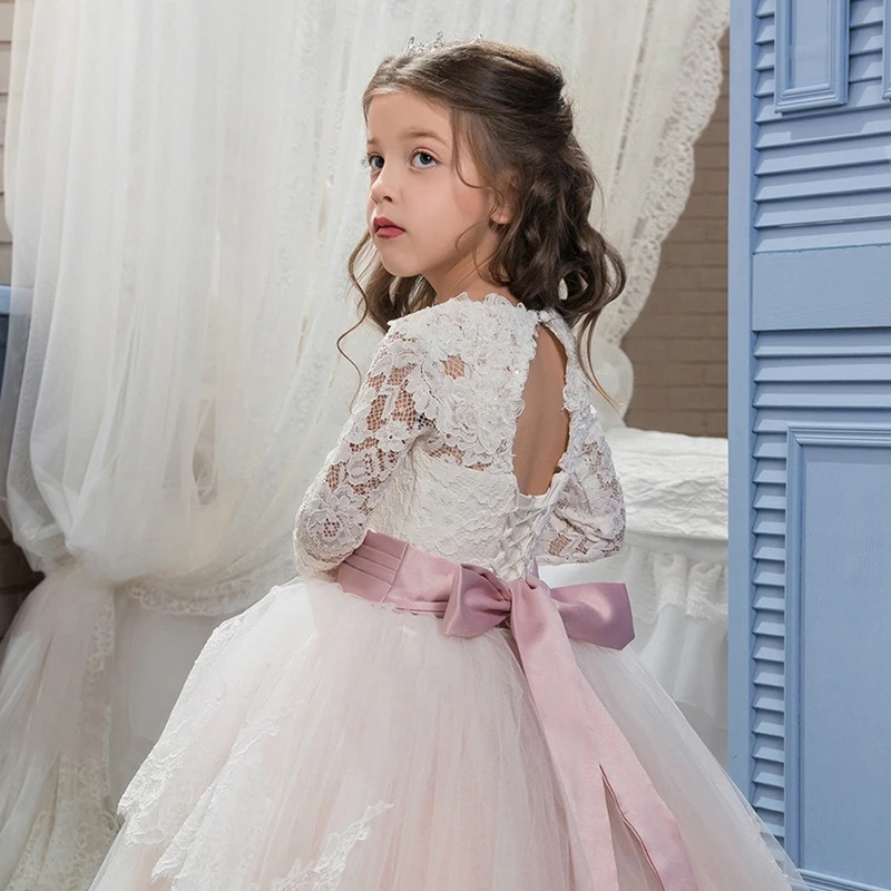 Vestido de encaje de manga larga para niña, ropa de verano, color rosa rubor, para fiesta de boda