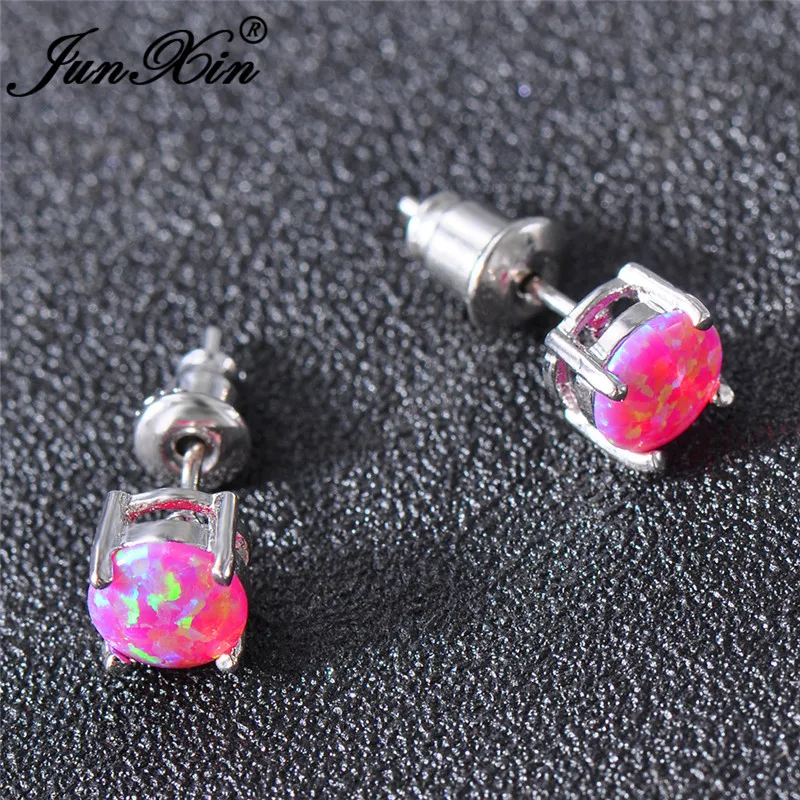 JUNXIN-أقراط من الأوبال الوردي/الأرجواني/الأزرق الفاتح للنساء ، مجوهرات فضية اللون ، حجر البخت ، شكل دائري ، قوس قزح