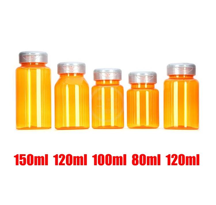 100pcs Translucent Orange PET Flip Bottles,Capsules/Pills/Powder/Vitamin Plastic Bottles --Silver Lip 80ml/100ml/120ml/150ml