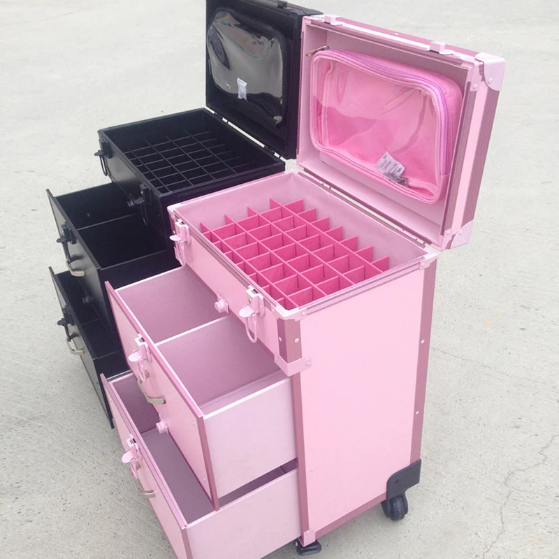 Frauen Nette rosa Trolley Kosmetische fall Roll Gepäck, Männer Dominierenden schwarz Nägel Make-Up Toolbox, Schönheit Tattoo Trolley Koffer