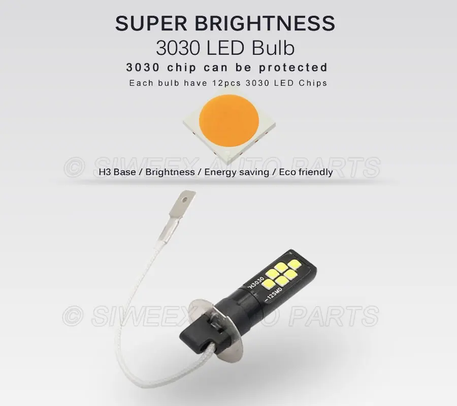 Super Bright H3 H1 LED 12 SMD 3030 Car Driving Headlight Fog Light Auto Lamp Bulb Conversion 12V DC White