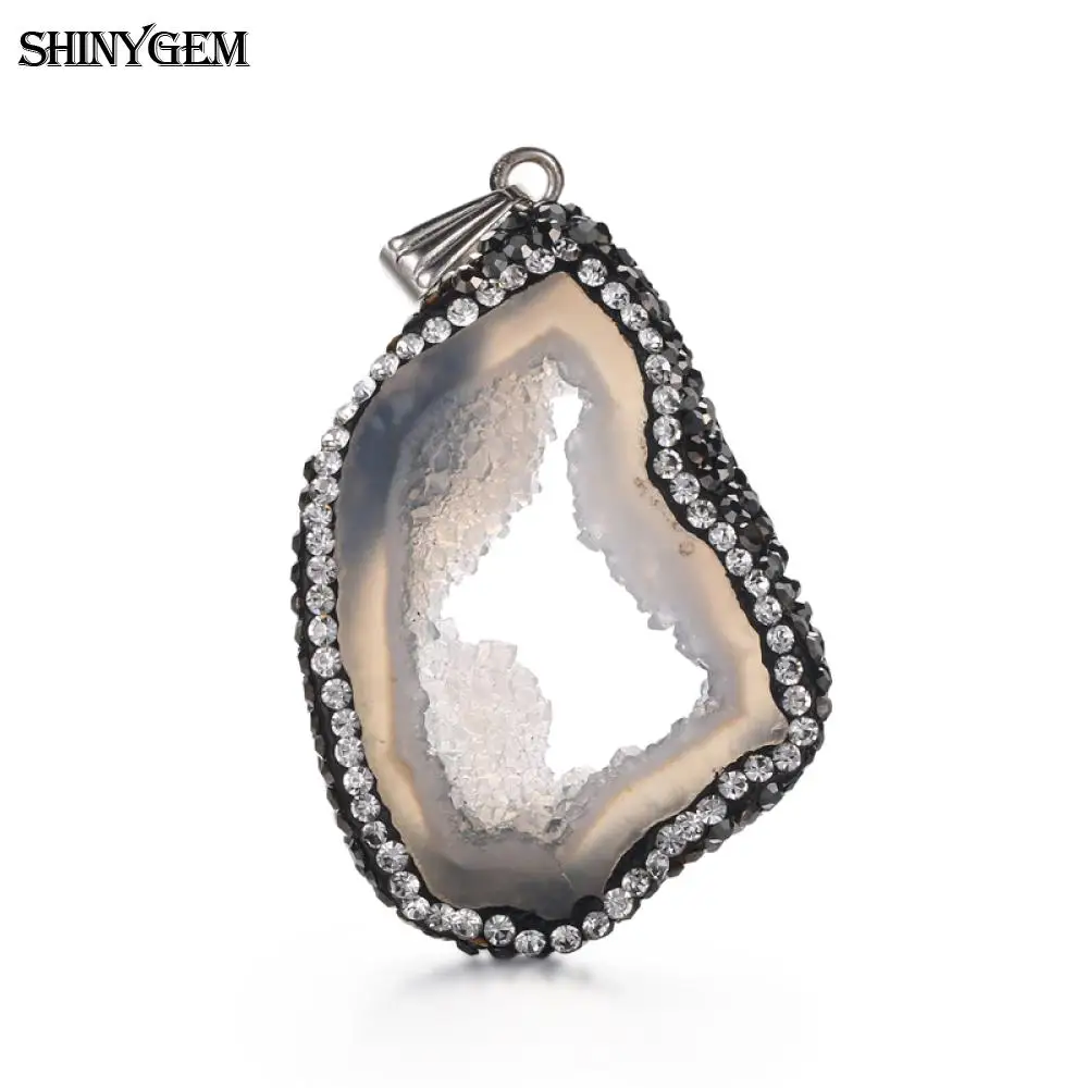 ShinyGem 35-50mm Agates Druzy Pendant Around Cubic Zircon Irregular Beige Natural Stone Pendant Pendulum For Jewelry Making 5pcs