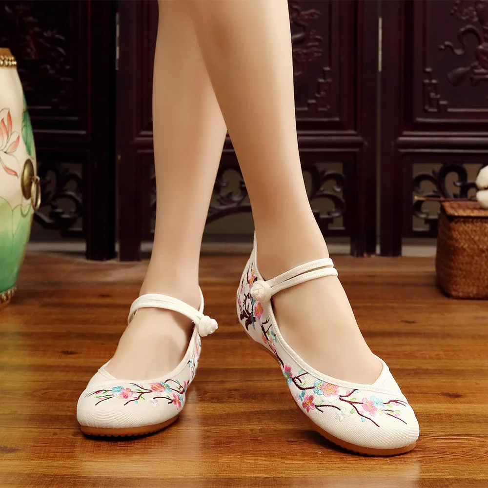 Veowalk Chinese Birds And Flower Embroidered Women Canvas Ballet Flats Vintage Ladies Round Toe Soft Cotton Dance Walking Shoes