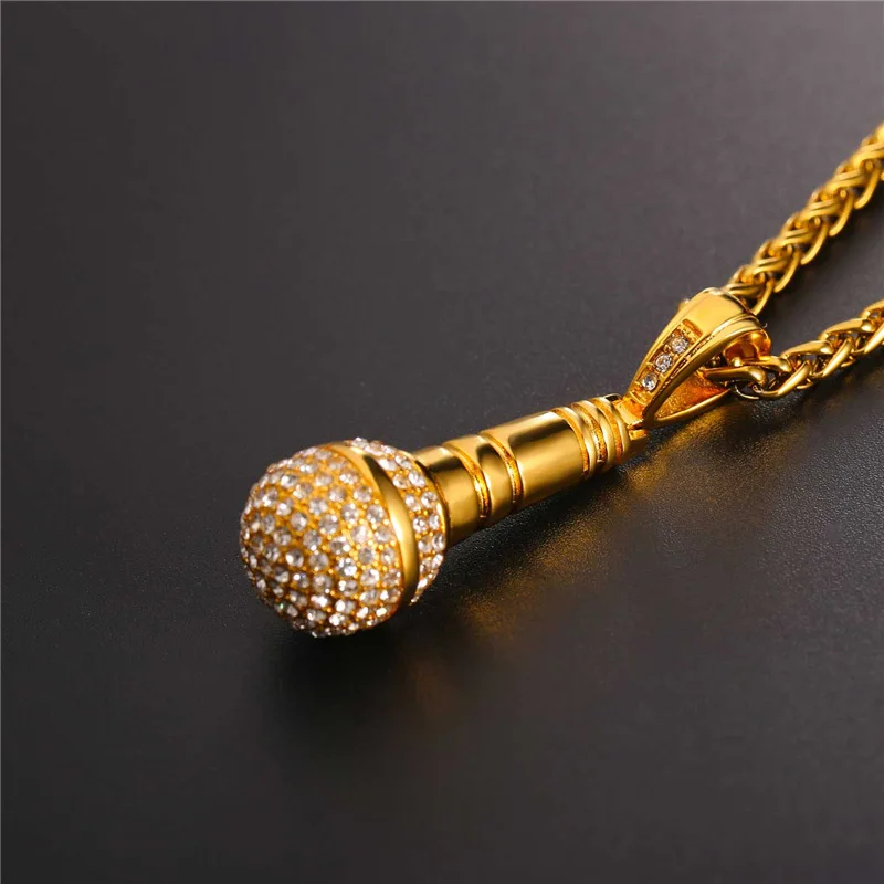 U7 Ice Out Chain Necklace Microphone Pendant Men/Women Stainless Steel Gold Color Rhinestone Best Friend Jewelry Hip Hop P1018