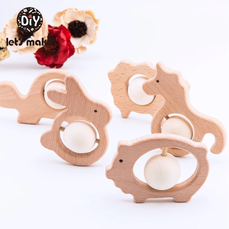 Let's Make 5pc Wooden Teether Natural Beech Wood Teething Toy Soft Infant Crib Bed Stroller Toys Baby Gift Diy Pendant