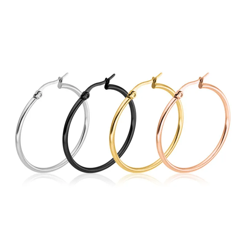 Big Smooth Circle Hoop Earrings para mulheres, aço inoxidável, brincos redondos, bijuterias de festa, Girl Gift, moda, 10-75mm