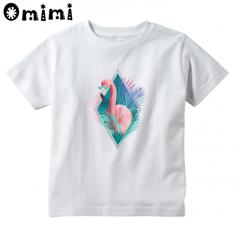 Children Pink Flamingos Exotic Birds Design T-shirts Boys/Girls Summer White T shirts Kid Clothing Toddler Short Sleeve Tops