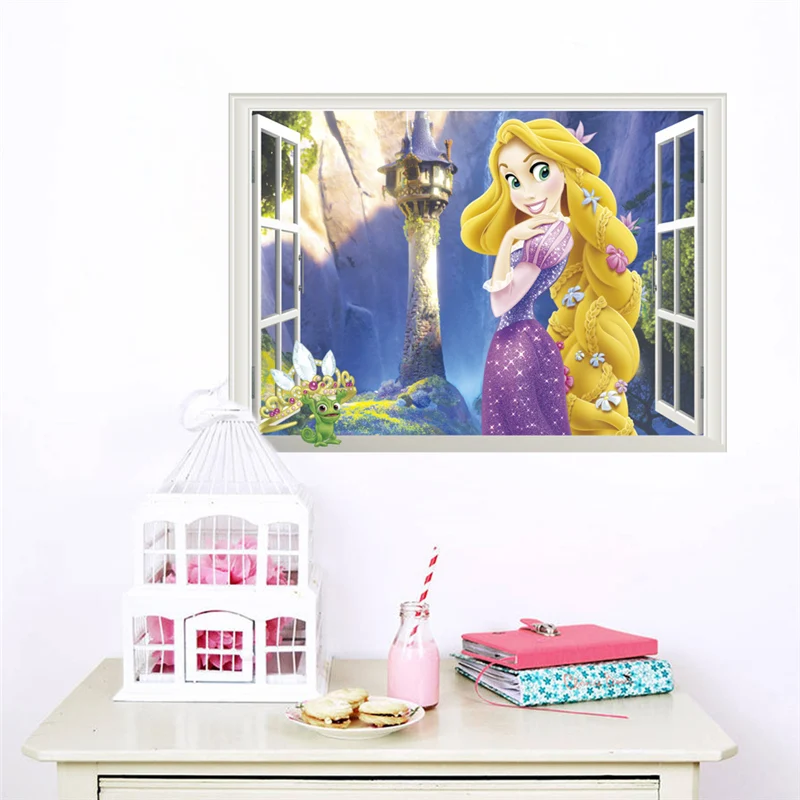 Rapunzel Princess 3d Window Wall Stickers For Home Decoration 3d Window Anime Mural Art Diy Kids Room Wall Decals