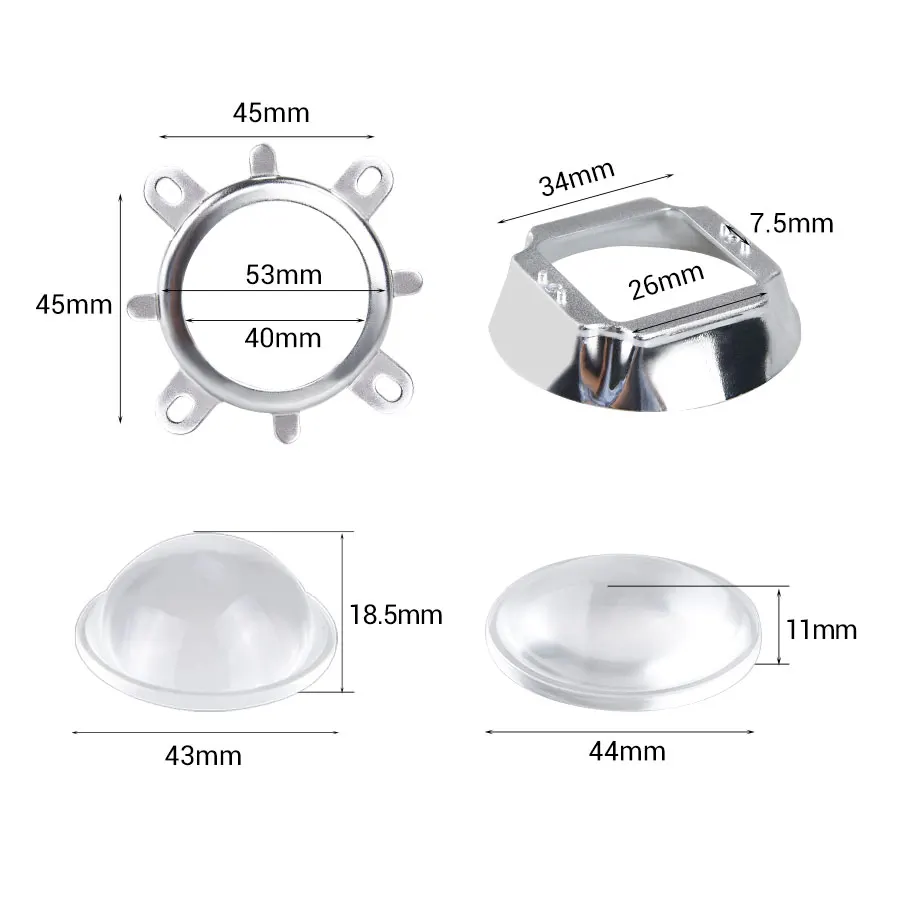 光ガラスレンズ、固定ブラケット付き、44mm、60度、120度、50mm、20w、30w、50w、100w、cob LEDチップ、1セット