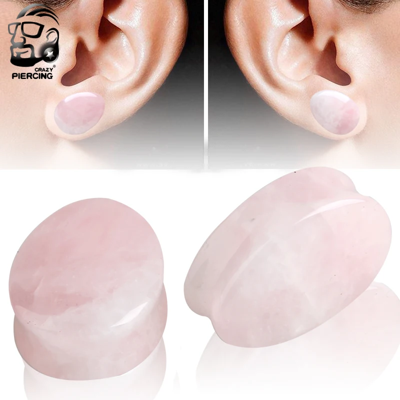 2PCS Rose Color Quartz Teardrop Natural Stone Ear Gauge Plugs Ear Tunnel Expander Ear Stretcher Fashion Body Piercing Jewelry